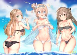 Rule 34 | 3girls, ahoge, ass, beach, bikini, blonde hair, blue eyes, blush, bow, breasts, brown eyes, brown hair, butt crack, cleavage, cloud, collarbone, commentary request, covering privates, covering breasts, creator connection, day, double bun, eating, food, girls&#039; frontline, gmkj, green eyes, hair between eyes, hair bow, hair bun, hair ornament, hairband, hairclip, highres, ice cream, k2 (girls&#039; frontline), long hair, looking at viewer, medium breasts, mouth hold, multiple girls, navel, official alternate costume, one-piece swimsuit, open mouth, popsicle, rfb (girls&#039; frontline), sexually suggestive, side-tie bikini bottom, smile, standing, suomi (girls&#039; frontline), suomi (midsummer pixie) (girls&#039; frontline), swimsuit, tongue, water