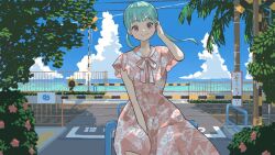 Rule 34 | 1girl, aqua hair, arm up, boom barrier, closed mouth, coconut tree, commentary request, dappled sunlight, day, dress, fence, floral print, hand in own hair, highres, leaf print, looking at viewer, mashiro ka, medium hair, ocean, original, outdoors, palm tree, red eyes, road, sky, solo, straight-on, sunlight, tree, tree shade, twintails