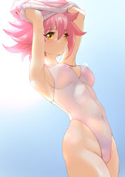 Rule 34 | 1girl, absurdres, breasts, cameltoe, cleft of venus, covered erect nipples, deekei, highres, medium breasts, one-piece swimsuit, original, pink hair, short hair, solo, swimsuit, thighs, tohno amane (deekei), yellow eyes
