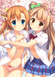 Rule 34 | 10s, 2girls, blue eyes, blush, bow, bow panties, breasts, brown eyes, brown hair, cherry blossoms, cleavage, green bow, hair bow, kosaka honoka, long hair, looking at viewer, love live!, love live! school idol project, medium breasts, minami kotori, multiple girls, navel, no bra, open clothes, open shirt, panties, pink panties, plaid, plaid skirt, pleated skirt, saeki nao, shirt, side ponytail, skirt, smile, underwear, yellow bow
