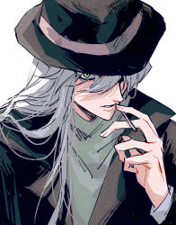 Rule 34 | 1boy, absurdres, ako (eanaaati1), black coat, cigarette, coat, commentary request, formal, gin (meitantei conan), green eyes, grey shirt, hair between eyes, hair over one eye, hat, highres, holding, holding cigarette, long hair, looking at viewer, looking up, male focus, meitantei conan, nose, parted lips, shadow, shirt, simple background, suit, teeth, upper body, white background