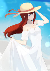 Rule 34 | 1girl, absurdres, breasts, closed mouth, collarbone, day, dress, floating hair, hair between eyes, half-closed eyes, hat, hat ribbon, highres, long dress, long hair, makise kurisu, off-shoulder dress, off shoulder, outdoors, pink ribbon, red hair, ribbon, skirt hold, small breasts, smile, solo, steins;gate, straight hair, sun hat, sundress, tayutau0a0, very long hair, white dress, white hat
