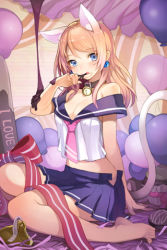 Rule 34 | 1girl, animal ears, ascot, balloon, bare shoulders, barefoot, bell, blonde hair, blue eyes, blush, bow, breasts, cat ears, cat tail, chocolate, cleavage, cocorip, collar, cupcake, earrings, feet, food, grin, jewelry, licking, long hair, lowres, midriff, neck bell, open mouth, pleated skirt, ribbon, rose pacifica, school uniform, sitting, skirt, smile, solo, swept bangs, sword girls, tail, unfastened, wariza