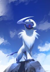 Rule 34 | absol, claws, closed eyes, cloud, creatures (company), day, fangs, from below, game freak, gen 3 pokemon, highres, likey, nintendo, no humans, open mouth, outdoors, pokemon, pokemon (creature), sky, solo, standing, white fur