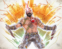 Rule 34 | 1boy, :o, abs, arm hair, arm strap, artificial eye, aura, bald, bandages, beard, belt, black hair, blood, bloody weapon, body hair, camouflage, chest hair, cowboy shot, dagger, dual wielding, eyepatch, facial hair, fezat, glowing, glowing eye, graffiti, hair tie, harness, holding, holding weapon, kano (mortal kombat), knife, kunai, legs apart, male focus, marker (medium), mechanical eye, mortal kombat (series), mortal kombat (series), mortal kombat x, muscular, navel, nipples, open mouth, outstretched arms, pants, signature, solo, spread arms, standing, suspenders, suspenders pull, tattoo, topless male, traditional media, weapon