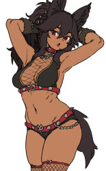 Rule 34 | 1girl, :o, animal ears, armpits, arms up, bare shoulders, black hair, black shorts, breasts, cerberus (houtengeki), cleavage, collar, commentary request, fishnet thighhighs, fishnets, hair between eyes, highres, houtengeki, long hair, looking at viewer, medium breasts, micro shorts, navel, open mouth, original, ponytail, red collar, red eyes, shorts, simple background, solo, stomach, tail, thighhighs, thighs, white background