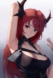 Rule 34 | 1girl, absurdres, arknights, arm behind head, arm up, armpits, artist name, black dress, breasts, buckle, cleavage, closed mouth, dress, gradient background, grey background, highres, horns, id card, large breasts, long hair, looking at viewer, presenting armpit, purple eyes, red hair, sleeveless, sleeveless dress, solo, surtr (arknights), the other lilac, upper body, very long hair