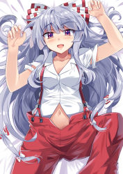 Rule 34 | 1girl, :d, arms up, bare arms, blush, bow, collarbone, collared shirt, cowboy shot, e.o., eyebrows, fujiwara no mokou, hair bow, hair over shoulder, hair ribbon, highres, leg up, long hair, looking at viewer, lying, midriff peek, navel, on back, open mouth, open pants, pants, red eyes, red pants, ribbon, shirt, short sleeves, silver hair, smile, solo, spread legs, suspenders, torn clothes, torn sleeves, touhou, very long hair, white shirt, wing collar