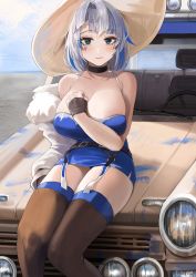 Rule 34 | 1girl, alchemy stars, azure (alchemy stars), bare arms, bare shoulders, black choker, blue hair, blush, breasts, brown thighhighs, car, choker, cleavage, closed mouth, collarbone, garter straps, green eyes, grey hair, hat, large breasts, looking at viewer, motor vehicle, multicolored hair, outdoors, pigeon (wejil), sitting, sitting on car, solo, streaked hair, thighhighs, thighs