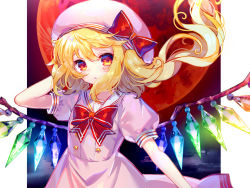 Rule 34 | 1girl, :o, arm up, blonde hair, blush, bow, bowtie, crystal, dress, flandre scarlet, glowing, hat, hat bow, highres, hinasumire, long hair, moon, outside border, parted lips, pink dress, puffy short sleeves, puffy sleeves, red bow, red bowtie, red moon, sailor collar, sailor dress, short sleeves, side ponytail, solo, tareme, touhou, upper body, white hat, white sailor collar, wind