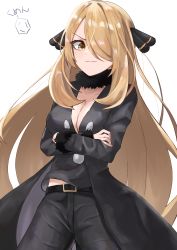 Rule 34 | 1girl, absurdres, bad id, bad pixiv id, belt, black belt, black coat, black pants, blonde hair, breasts, cleavage, closed mouth, coat, cowboy shot, creatures (company), crossed arms, cynthia (pokemon), floating hair, game freak, hair ornament, hair over one eye, highres, long hair, looking at viewer, medium breasts, midriff, nintendo, open clothes, open coat, pants, pokemon, pokemon dppt, simple background, smile, smug, solo, standing, stomach, tare negima, very long hair, white background, yellow eyes