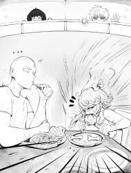 Rule 34 | 2boys, 2girls, absurdres, bald, biting, breasts, curly hair, dating, emphasis lines, food, french fries, fubuki (one-punch man), genos, grin, hehevich, hetero, highres, holding, holding food, looking at another, looking down, monochrome, multiple boys, multiple girls, one-punch man, saitama (one-punch man), short hair, siblings, sisters, sitting, small breasts, smile, sweat, tatsumaki
