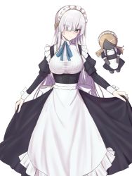 Rule 34 | 1girl, alternate costume, anastasia (fate), apron, black dress, breasts, dress, elfenlied22, enmaided, fate/grand order, fate (series), frilled apron, frills, green eyes, hair over one eye, highres, long hair, long sleeves, maid, maid apron, maid headdress, medium breasts, puffy long sleeves, puffy sleeves, silver hair, simple background, smile, very long hair, viy (fate), waist apron, white apron, white background, wrist cuffs