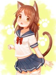 Rule 34 | 1girl, absurdres, animal ears, bell, blue skirt, blush, braid, breasts, brown eyes, brown hair, cat ears, cat girl, cat tail, fang, female focus, hair bell, hair ornament, highres, long hair, looking at viewer, open mouth, original, paw print, red neckwear, sailor collar, school uniform, serafuku, short sleeves, simple background, skin fang, skirt, small breasts, solo, standing, suzushiro (gripen39), tail, thighhighs, white background