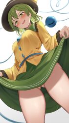 Rule 34 | 1girl, absurdres, black headwear, blush, bottomless, breasts, clothes lift, commentary request, gluteal fold, green eyes, green hair, green skirt, heart, heart of string, highres, komeiji koishi, lifting own clothes, long sleeves, looking at viewer, medium breasts, nagomian, no panties, open mouth, shirt, short hair, simple background, skirt, skirt lift, smile, solo, third eye, touhou, variant set, white background, yellow shirt