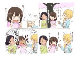 Rule 34 | 0 0, 3girls, 4koma, ^^^, andou saki, arrow (projectile), black hair, blonde hair, blue sweater, brown hair, cherry blossoms, coffee, coffee cup, comic, commentary request, cup, dark-skinned female, dark skin, deepa mitra, denchuubou, disposable cup, ellen baker, english text, green sweater, hair bun, holding, medium hair, multiple girls, new horizon, open mouth, pink shirt, pointing, scrunchie, shirt, single hair bun, smile, spilling, spit take, spitting, standing, sweat, sweater, translation request, tree, white background