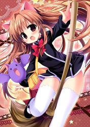 Rule 34 | 1girl, animal ears, bat (animal), black footwear, blush, bow, bowtie, broom, broom riding, brown eyes, brown hair, cat ears, character request, flying, long hair, looking at viewer, nagayama yuunon, open mouth, quiz magic academy, solo, star (symbol), thighhighs, twintails, white thighhighs