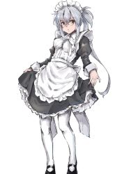 Rule 34 | 1girl, alternate costume, apron, black-framed eyewear, black dress, breasts, dress, enmaided, frilled dress, frills, glasses, grey hair, highres, juliet sleeves, kantai collection, ld (luna dial398), long hair, long sleeves, maid, maid headdress, medium breasts, musashi (kancolle), musashi kai ni (kancolle), one-hour drawing challenge, pantyhose, puffy sleeves, rectangular eyewear, red eyes, simple background, solo, twintails, very long hair, white apron, white background, white pantyhose