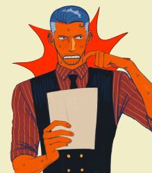 Rule 34 | 1boy, black necktie, blue hair, blush, facial hair, highres, holding, holding paper, iceburg, jakkenpoy, long sideburns, looking to the side, male focus, mature male, necktie, one piece, paper, red shirt, shirt, short hair, sideburns, simple background, solo, striped clothes, striped shirt, sweatdrop, toned, toned male, upper body, waistcoat, white background