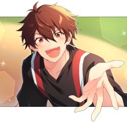 Rule 34 | 1boy, brown eyes, brown hair, commentary request, ensemble stars!, hair between eyes, korean commentary, light blush, looking at viewer, male focus, morisawa chiaki, open mouth, outstretched hand, phewsic, short hair, smile, solo, teeth, upper body