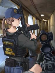 Rule 34 | 1girl, 1other, absurdres, assault rifle, baseball cap, black gloves, brown eyes, brown hair, bulletproof vest, denim, english text, fanny pack, gloves, gun, handgun, hat, highres, holding, holding gun, holding weapon, holster, jeans, lithographica, looking at viewer, mixed-language text, original, pants, ponytail, pov, rifle, scope, tactical clothes, trigger discipline, weapon