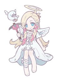 Rule 34 | 1girl, alternate costume, angel, angel wings, barefoot, blonde hair, blue eyes, bow, braid, bright pupils, chibi, collarbone, commentary, creature, dress, dress bow, final fantasy, final fantasy xiv, floating, full body, hair ribbon, half updo, halo, hand up, highres, holding, holding pickaxe, hyur, leg wrap, long hair, looking at viewer, minfilia warde, pickaxe, ribbon, short sleeves, simple background, smile, solo, standing, symbol-only commentary, tachi-e, twin braids, white background, white dress, white pupils, wings, wuliu heihuo