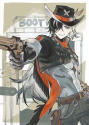 1boy aiming badge belt belt_buckle black_eyes black_hair black_hat black_jacket black_pants boothill_(honkai:_star_rail) border brown_belt buckle bullet_earrings cape chain character_name commentary_request cowboy_hat cowboy_shot cropped_jacket crossed_bangs crosshair_pupils earrings gold_earrings grin gun hair_over_one_eye hand_on_own_hip handgun hat hat_feather highres holding holding_gun holding_weapon holster honkai:_star_rail honkai_(series) jacket jewelry long_hair looking_at_viewer male_focus mole mole_under_eye multicolored_hair mumu_vosp one_eye_covered outside_border outstretched_arm pants parted_bangs red_cape red_pupils revolver sharp_teeth sheriff_badge short_sleeves sign single_earring smile solo standing star_(symbol) streaked_hair teeth thigh_holster v-shaped_eyebrows weapon white_border white_hair wubbaboo_(honkai:_star_rail) zipper zipper_pull_tab