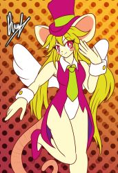 Rule 34 | 1girl, animal ears, blush stickers, breasts, derthevaporeon, green hair, hat, highres, leotard, mad rat dead, mouse (animal), mouse ears, mouse girl, mouse tail, nippon ichi, rat god, red eyes, tail, tie clip, top hat, wings, wrist cuffs