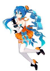 Rule 34 | 1girl, alternate hair color, ankle boots, bare shoulders, black footwear, black gloves, blowing, blue eyes, blue hair, boots, breasts, cleavage, detached sleeves, dress, female focus, fkey, flower, full body, gloves, hatsune miku, high heel boots, high heels, highres, long hair, looking at viewer, matching hair/eyes, open mouth, orange dress, project diva, project diva (series), project diva f 2nd, shoes, short dress, side ponytail, simple background, skirt, solo, strapless, strapless dress, thighhighs, vocaloid, white background, white thighhighs