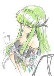 Rule 34 | 1girl, bare shoulders, breasts, c.c., cheese-kun, cleavage, code geass, creayus, crossed arms, detached collar, green hair, hair ornament, long hair, sketch, solo, upper body, yellow eyes
