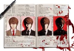 Rule 34 | 1boy, age progression, black necktie, blazer, blood, book, brown eyes, colored sclera, commentary, death note, death note (object), drop shadow, english commentary, face in shadow, hair between eyes, highres, jacket, looking at viewer, mismatched sclera, necktie, no humans, open book, pen, photo (object), portrait (object), red necktie, red sclera, school uniform, short hair, simple background, split theme, still life, straight-on, translation request, vonlight, white background, yagami light