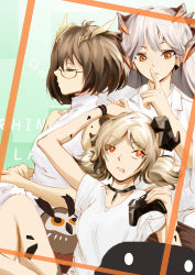 Rule 34 | 3girls, absurdres, alternate costume, arknights, bare shoulders, bob cut, brown hair, choker, closed eyes, collared shirt, controller, doll, earrings, feather hair, feathers, finger to mouth, game controller, highres, horns, ifrit (arknights), jewelry, looking at another, material growth, multiple girls, orange eyes, oripathy lesion (arknights), saria (arknights), shirt, shushing, silence (arknights), sleeping, turtleneck, twintails, white shirt, wuws