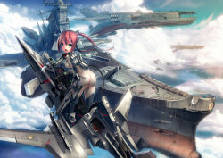 Rule 34 | 1girl, abyss05, aircraft, airplane, ass, battleship, bodysuit, breasts, cable, cannon, cloud, green eyes, highres, long hair, looking at viewer, looking back, military, military vehicle, ocean, open mouth, original, pointing, red hair, sai (abyss05), see-through, ship, sky, smile, solo, twintails, vehicle, vehicle focus, warship, watercraft