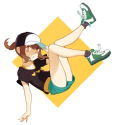 Rule 34 | 1girl, baseball cap, black hat, black shirt, black socks, blue shorts, blush, bright pupils, brown eyes, brown hair, character request, commentary, commission, copyright request, english commentary, from side, full body, green footwear, halphelt, hand on headwear, hat, heart, heart print, highres, looking at viewer, looking to the side, medium hair, misaka mikoto, ponytail, print shirt, shirt, shoes, short shorts, short sleeves, shorts, smile, socks, solo, toaru kagaku no railgun, toaru majutsu no index, white pupils