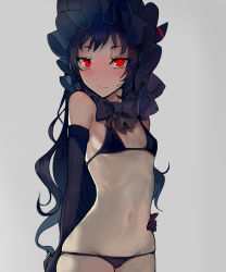 Rule 34 | 10s, 1girl, abyssal ship, alternate costume, arm at side, bare shoulders, bikini, black bikini, black bow, black bowtie, black gloves, black hair, black hat, blush, bonnet, bow, bowtie, breasts, closed mouth, cowboy shot, elbow gloves, frown, gloves, gothic lolita, hand on own hip, hat, highres, isolated island oni, isolated island princess, kantai collection, lolita fashion, long hair, looking at viewer, lowleg, lowleg bikini, navel, red eyes, skindentation, small breasts, solo, stomach, sweatdrop, swimsuit, very long hair, walzrj