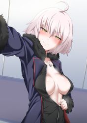 Rule 34 | 1girl, ahoge, ayuayu (shouyu no sato), blush, breasts, cleavage, fate/grand order, fate (series), fur trim, jeanne d&#039;arc (fate), jeanne d&#039;arc alter (avenger) (fate), jeanne d&#039;arc alter (fate), jewelry, looking at viewer, medium breasts, naughty face, necklace, no bra, reaching, reaching towards viewer, selfie, short hair, silver hair, smile, solo, unzipped, upper body, yellow eyes