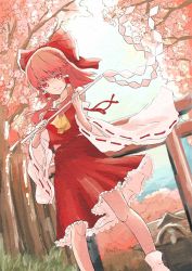 Rule 34 | 1girl, alternate hair color, ascot, bad anatomy, blue sky, bow, breasts, cherry blossoms, cloud, cloudy sky, day, detached sleeves, frilled skirt, frills, from below, gohei, hair bow, hair tubes, hakurei reimu, hakurei shrine, hny hazuki, knees, looking down, medium breasts, parted lips, pink hair, red eyes, ribbon-trimmed sleeves, ribbon trim, skirt, sky, sleeveless, smile, socks, solo, torii, touhou, wind