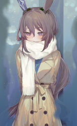 Rule 34 | 1girl, admire vega (umamusume), animal ears, arms behind back, blurry, blurry foreground, blush, breasts, breath, brown coat, brown hair, buttons, closed mouth, coat, depth of field, enpera, expressionless, eyes visible through hair, hair between eyes, highres, horse ears, horse tail, large breasts, long hair, looking away, people, potato (potato 621), purple eyes, rabbit ears, scarf, solo, solo focus, tail, trench coat, umamusume, very long hair, white scarf