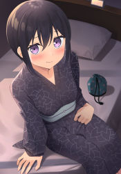 Rule 34 | 1girl, :t, apollo (hu maple), bed, black hair, blush, breasts, closed mouth, clothes grab, commentary request, dot nose, dutch angle, feet out of frame, furrowed brow, hair between eyes, highres, indoors, japanese clothes, kimono, long sleeves, looking at viewer, looking up, medium hair, obi, on bed, original, pillow, purple eyes, sash, sidelocks, sitting, smile, solo, yukata