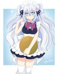 Rule 34 | 1girl, akane rose, alternate costume, apron, artist name, black heart (neptunia), blue eyes, blush, breasts, closed mouth, dress, enmaided, frilled apron, frills, hair between eyes, heart, highres, holding, long hair, looking at viewer, maid, maid headdress, medium breasts, neptune (series), next black, noire (neptunia), pointing, pointing at self, power symbol, power symbol-shaped pupils, ribbon, shin jigen game neptune vii, signature, smile, solo, standing, symbol-shaped pupils, thighhighs, tray, two side up, very long hair, white apron, white hair, white thighhighs