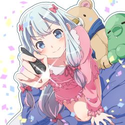 Rule 34 | 1girl, all fours, blue eyes, blush, bow, closed mouth, collarbone, commentary request, eromanga sensei, eyelashes, fingernails, hair bow, highres, holding, holding stylus, izumi sagiri, long hair, looking at viewer, low-tied long hair, outline, pajamas, pink bow, pink pajamas, pon yui, silver hair, smile, solo, stuffed animal, stuffed toy, stylus, white outline