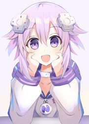 Rule 34 | 1girl, bimmy, blush, collar, collarbone, commentary, d-pad, d-pad hair ornament, english commentary, hair between eyes, hair flaps, hair ornament, head rest, highres, hood, hoodie, looking at viewer, neptune (neptunia), neptune (series), open mouth, purple eyes, purple hair, short hair, sidelocks, simple background, solo, white background, white hoodie