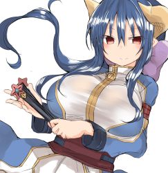Rule 34 | 1girl, blue hair, blush, breasts, brown eyes, closed mouth, commentary request, dutch angle, golgi hon, hair between eyes, holding, horns, ibarahime shizuka, large breasts, long hair, long sleeves, looking at viewer, shinrabanshou, sidelocks, simple background, smile, solo, upper body, white background