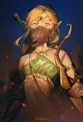 Rule 34 | 1boy, armlet, bare shoulders, blonde hair, blue eyes, bow (weapon), bridal gauntlets, cowboy shot, crossdressing, detached sleeves, earrings, embers, gerudo set (zelda), highres, holding, holding bow (weapon), holding weapon, iuew, jewelry, link, long sleeves, looking at viewer, male focus, midriff, mouth veil, night, nintendo, official alternate costume, outdoors, pointy ears, solo, star (sky), stomach, the legend of zelda, the legend of zelda: breath of the wild, trap, veil, weapon, weapon on back