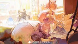 Rule 34 | 1boy, 4girls, :d, animal, animal ears, arknights, black cat, black gloves, black jacket, blouse, blue hairband, braid, cat, christine (arknights), closed eyes, crafting, dress, extra ears, fox ears, fox girl, fox tail, fur-trimmed hood, fur trim, gloves, grey hair, hair ribbon, hairband, happy, highres, holding, holding animal, holding cat, hood, hood down, hood up, hooded jacket, infection monitor (arknights), jacket, kettle, kitsune, large tail, long hair, long sleeves, lying, material growth, multiple girls, multiple tails, nekomata, neriash, on stomach, open mouth, oripathy lesion (arknights), out of frame, pantyhose, phantom (arknights), pink eyes, pink hair, projekt red (arknights), provence (arknights), purple dress, purple hair, purple shirt, red jacket, rhodes island logo (arknights), ribbon, seiza, shamare (arknights), shirt, sidelocks, single braid, sitting, smile, suzuran (arknights), tactical clothes, tail, twintails, vest, weibo watermark, white legwear, white shirt, wolf ears, wolf girl, wolf tail
