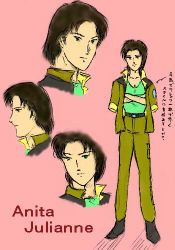 Rule 34 | 1girl, anita julianne, character name, character sheet, crossed arms, female focus, flat color, gundam, gundam side story: rise from the ashes, lowres, military, military uniform, simple background, solo, uniform