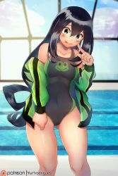Rule 34 | 1girl, :d, absurdres, asui tsuyu, bare shoulders, black hair, blush stickers, boku no hero academia, breasts, closed mouth, collarbone, competition swimsuit, covered navel, green eyes, hair between eyes, highres, indoors, jacket, lon, long sleeves, looking at viewer, medium breasts, off shoulder, one-piece swimsuit, open mouth, pool, smile, solo, swimsuit, thighs, tongue, tongue out, yur1rodrigues