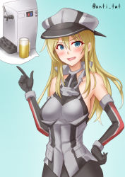 Rule 34 | 1girl, alcohol, anchor, anchor hair ornament, anti (untea9), armor, beer, beer crate, bismarck (kancolle), blonde hair, blue background, blue eyes, breastplate, breasts, brown gloves, cross, detached sleeves, german text, gloves, gradient background, grey thighhighs, hair ornament, hat, highres, iron cross, kantai collection, machine, medium breasts, military, military hat, military uniform, open mouth, peaked cap, smile, solo, thighhighs, uniform