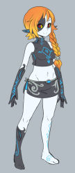 Rule 34 | 1girl, aged down, alternate hairstyle, bare legs, bare shoulders, braid, breasts, colored sclera, crop top, elbow gloves, gloves, kneehighs, long hair, maniacpaint, midna, midriff, miniskirt, navel, neon trim, nintendo, orange hair, pale skin, personification, pointy ears, red eyes, side slit, single braid, single kneehigh, single sock, skirt, smile, socks, solo, the legend of zelda, the legend of zelda: twilight princess, yellow sclera