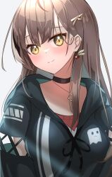 Rule 34 | 1girl, absurdres, ahoge, alphaart, alternate costume, berry, black choker, black hoodie, brown eyes, brown hair, choker, clothing cutout, crossed bangs, earrings, food-themed earrings, friend (nanashi mumei), hair ornament, hairclip, highres, hololive, hololive english, hood, hoodie, jewelry, looking at viewer, multicolored hair, nanashi mumei, necklace, red shirt, shirt, smile, streaked hair, striped, sweater, vertical stripes, virtual youtuber, white sweater